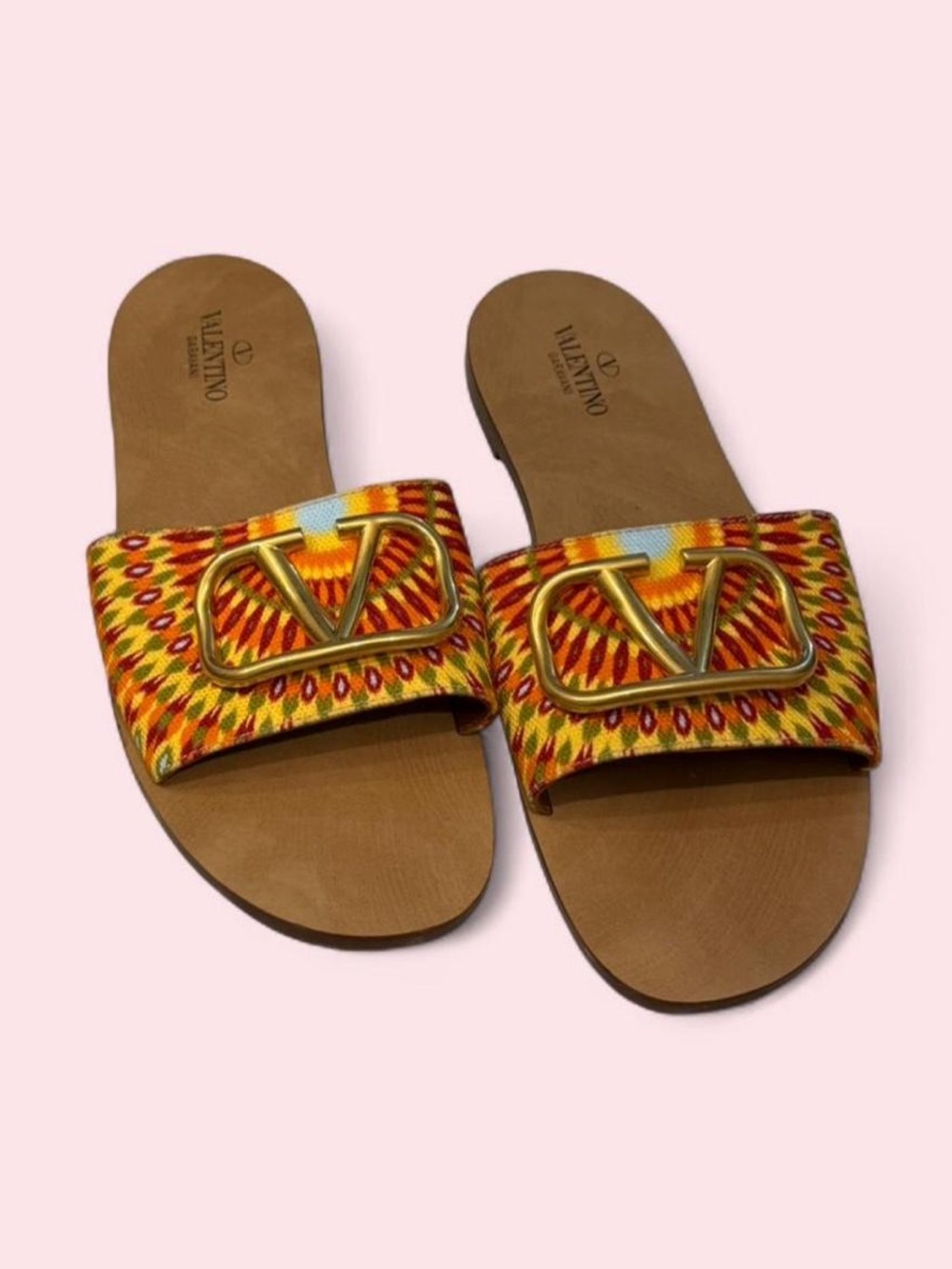 Valentino Multicolor Woven Slide Sandals with Gold V Logo